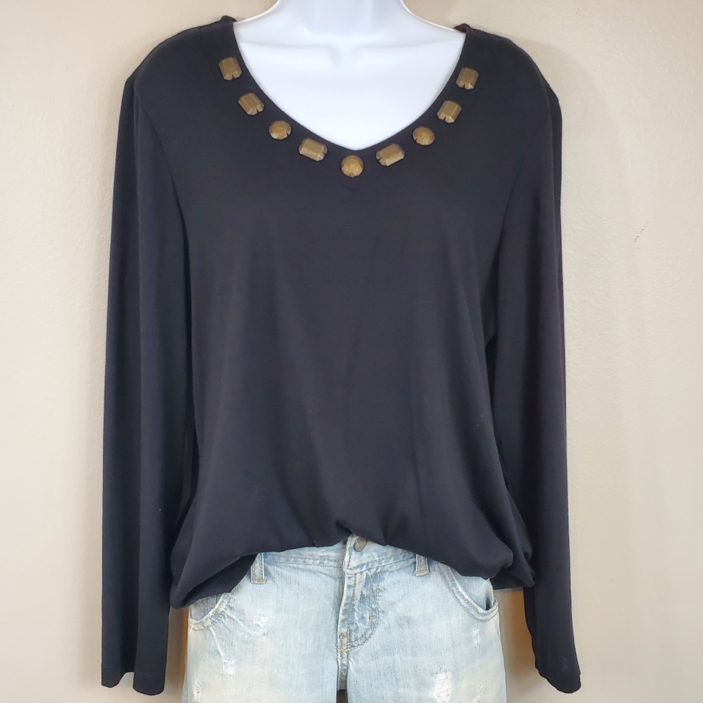 Zoe Black V-Neck Casual Top With Metal Embellished Neck